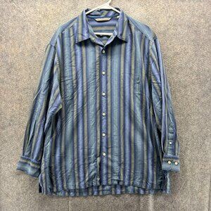 Tommy Bahama Shirt Mens XL Blue Stripe 100% Silk Long Sleeve Button Front Casual